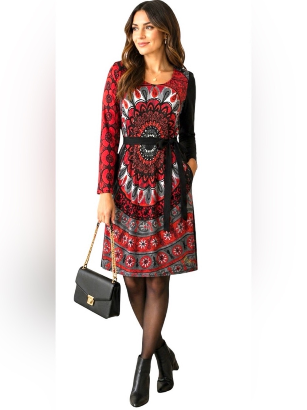 Desigual Mandala Red Black Print Long-Sleeve Dress with Pockets XL - Picture 6 of 10
